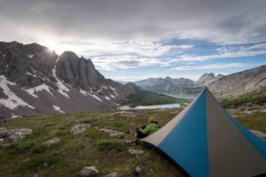 Tent in the backcountry with epic mountain views