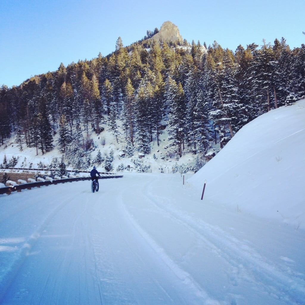 Switchbacks in Sinks Canyon in the winter with fat bike