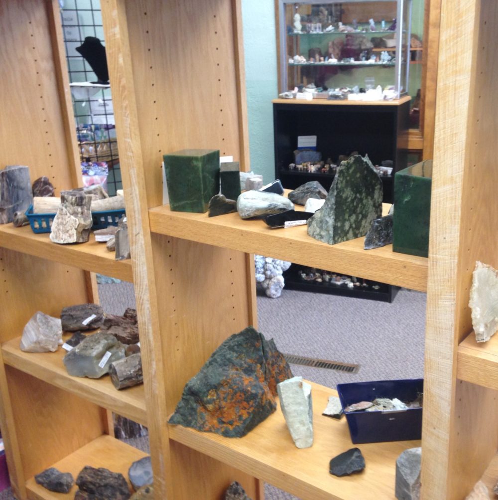 A variety of colorful rocks and minerals are displayed on wooden shelves in a well-lit room in Wind River Country.