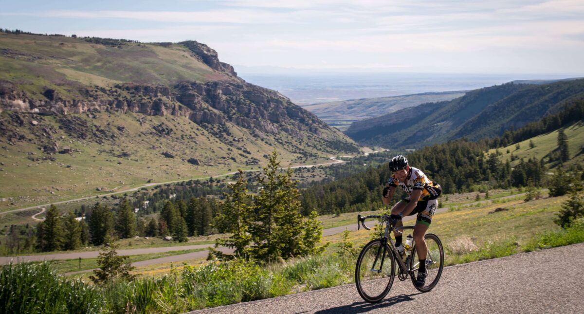A cyclist in a yellow and black outfit vigorously pedals up a scenic mountain road, surrounded by lush greenery and dramatic rock formations, under a clear blue sky.