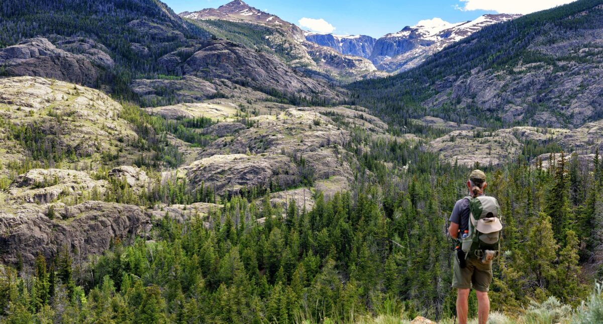 A hiker admiring the scenic view of Bomber Basin in Dubois, with lush forests on rugged mountains under a bright sky, highlighting the area's tranquil wilderness.