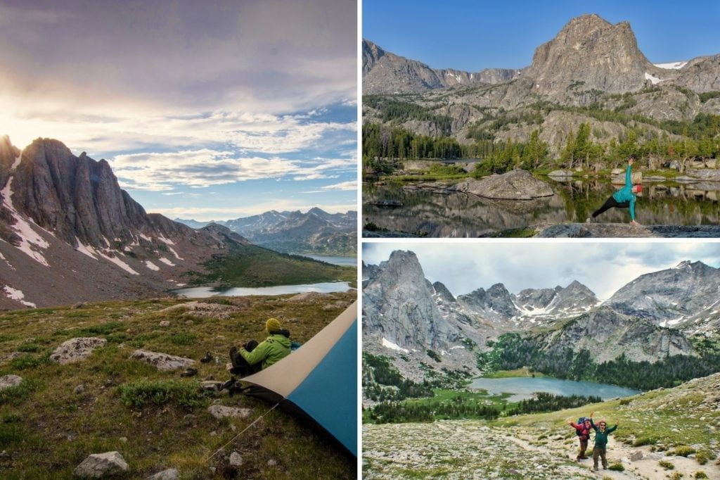 A hiker enjoys a serene mountain landscape with snow-capped peaks, a tranquil lake, and a colorful tent set against a backdrop of rugged terrain and a clear blue sky in Wind River Country.