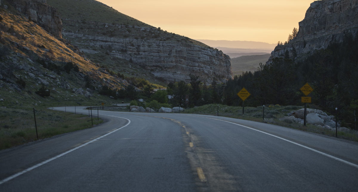 The road down Sinks Canyon State Park at dusk.