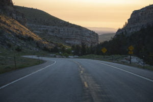 The road down Sinks Canyon State Park at dusk.