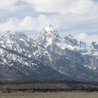 Scenic view of the snow-capped Grand Tetons, photographed by Preston Ackerman, featuring a lush green forest at the base of the rugged mountains under a cloudy sky.