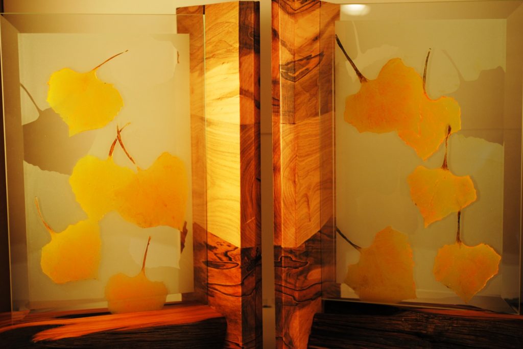 Aspen leaves etched into glass bookends by Bill Yankee