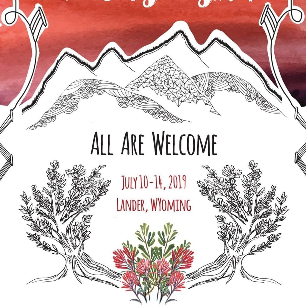 A stylized poster with mountain peaks, trees, and floral designs welcoming visitors to an event in Lander, Wyoming in Wind River Country.
