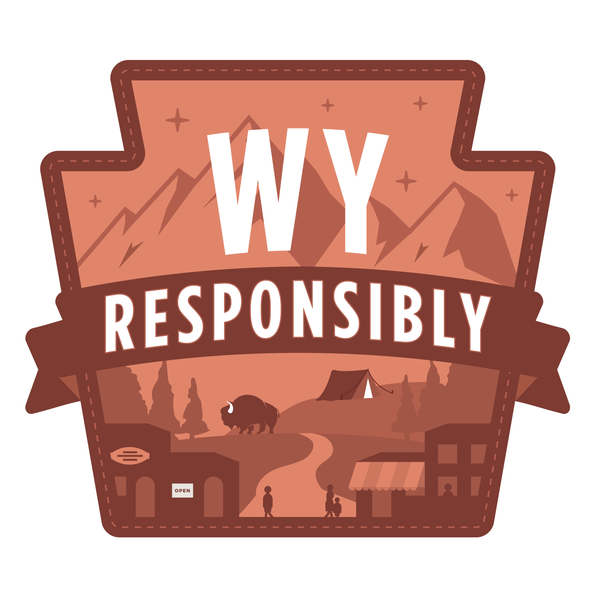 A stylized Wyoming state emblem featuring mountains, a bison, and a small town under a starry sky in Wind River Country.