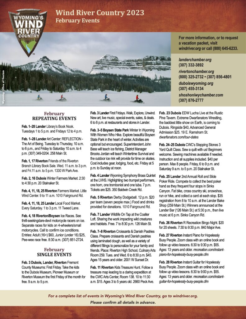 A snowy mountain landscape with snowmobiles and skiers enjoying winter activities in Wind River Country.
