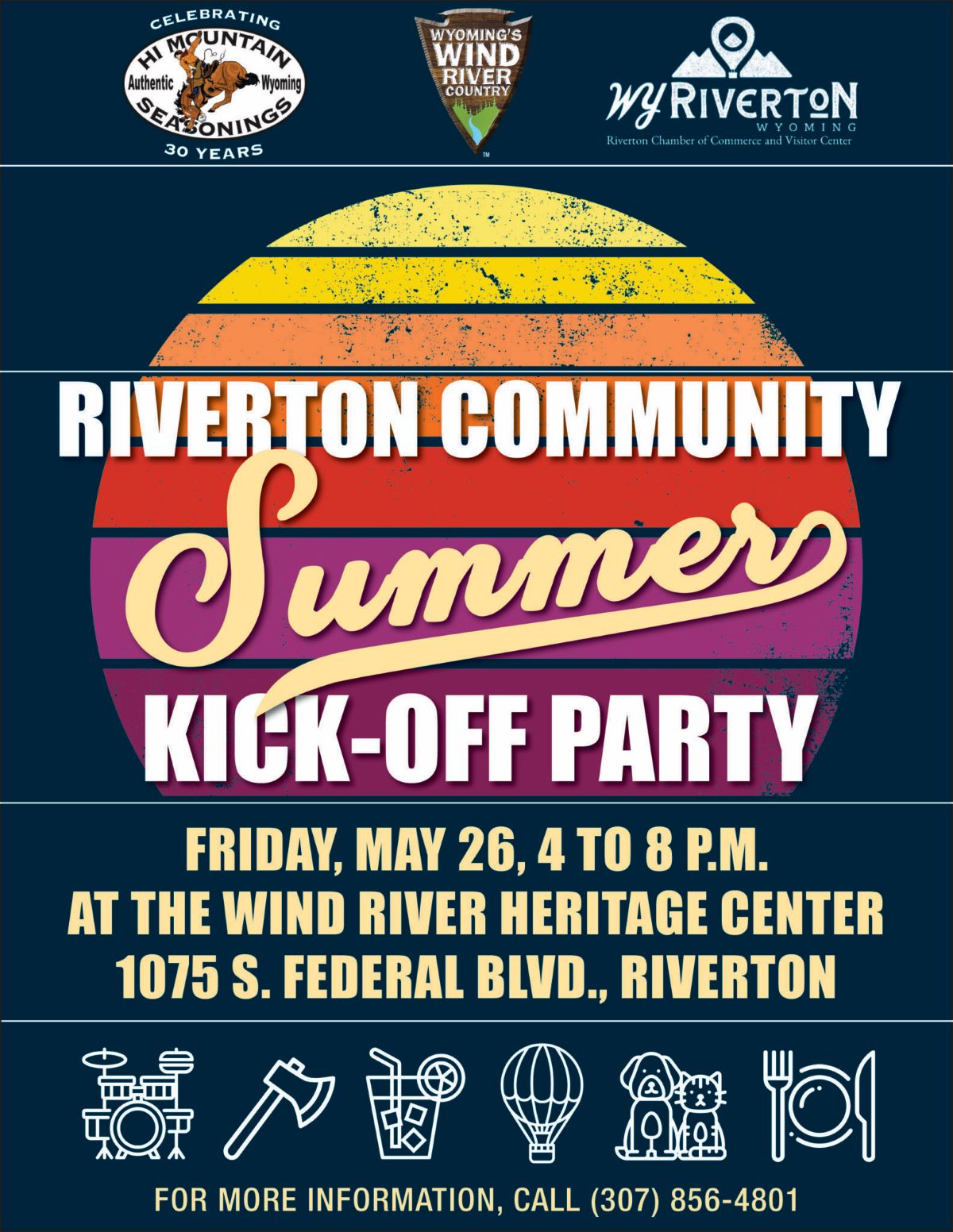 A colorful flyer for the Riverton Community Summer Kick-Off Party in Wind River featuring local landmarks, indicating an event filled with music, food, and games.