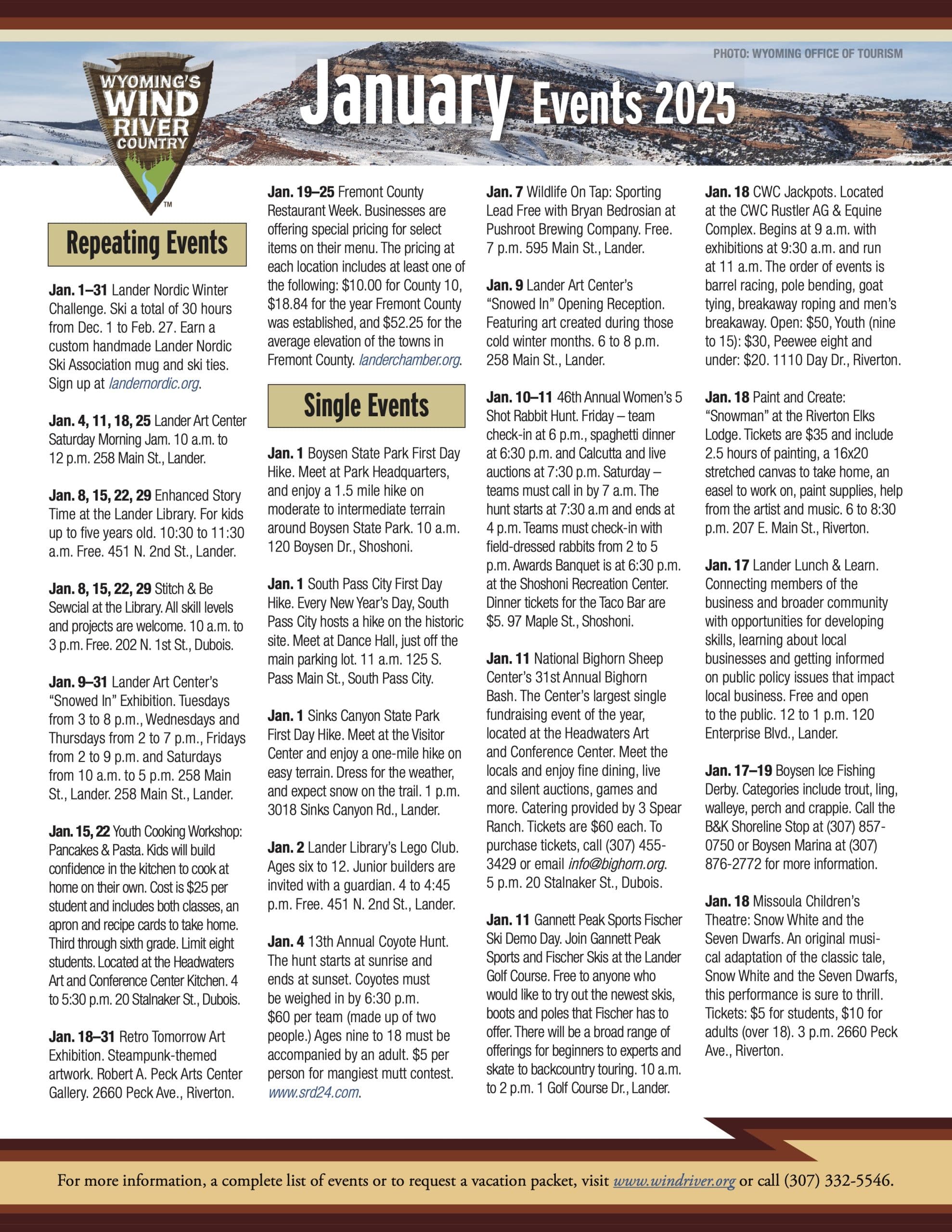 January 2025 event schedule for Wind River Country, featuring local activities, winter sports, and community events in Wyoming.