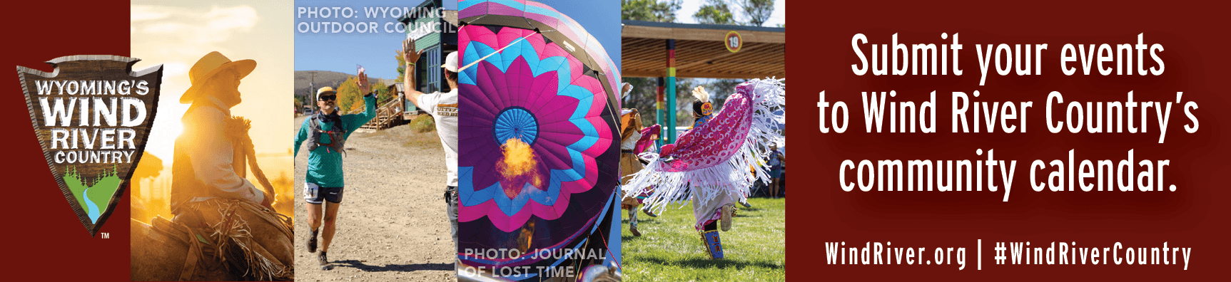 A vibrant community calendar featuring outdoor activities, hot air balloons, and cultural events in Wind River Country, Wyoming in Wind River Country.