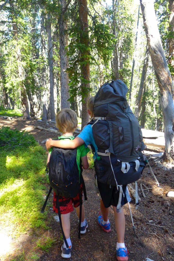 Two young hikers, one with a large backpack and the other with a smaller one, are walking along a forest trail surrounded by tall trees in Wind River Country.
