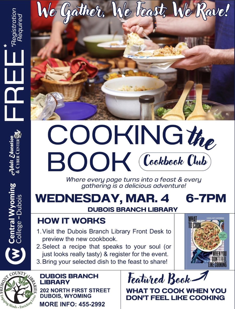 a picture of food being dished out with the following text surrounding it,"Join the library for another Cook the Book Club. Sign-up required at the circulation desk to cook a dish from the What to Cook When you Don’t Feel Like Cooking cookbook by Caroline Chambers. Bring culinary creations to share and enjoy."