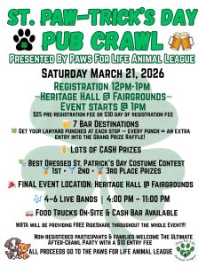 White background with a light green four leaf clover. Text stating, Join Paws For Life Animal League for a community event celebrating and supporting their mission and initiatives. All proceeds will directly benefit Paws For Life Animal League. The event features live performances by four musical acts, and food trucks will be available on-site. Wind River Transportation Authority will be offering complimentary rideshare services during the event. Registration is required; pre-registration is $25, and same-day registration is $30.