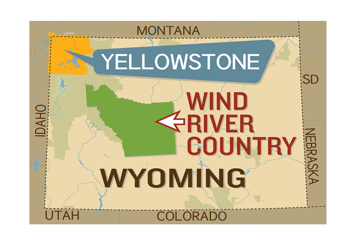 A map highlighting Yellowstone National Park and the Wind River Country in Wyoming, surrounded by neighboring states in Wind River Country.