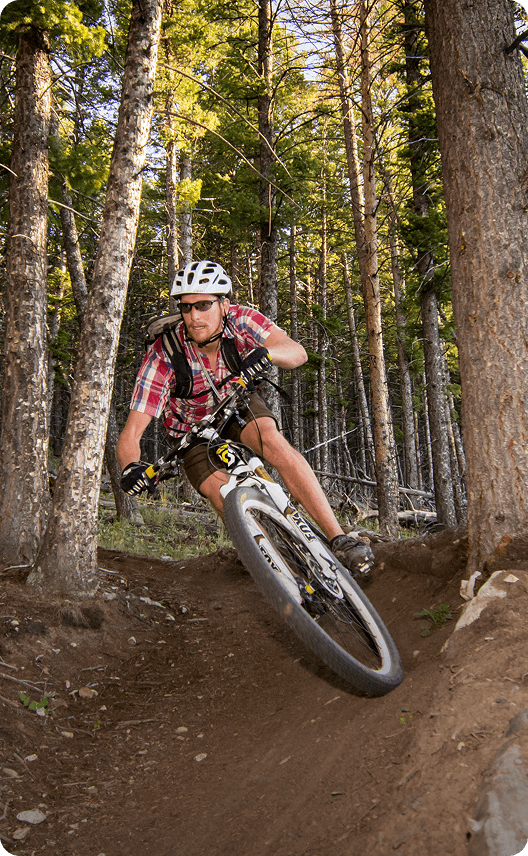 A mountain biker in a red and black plaid shirt and helmet navigates a steep, dirt trail through a dense forest of tall pine trees in Wind River Country.