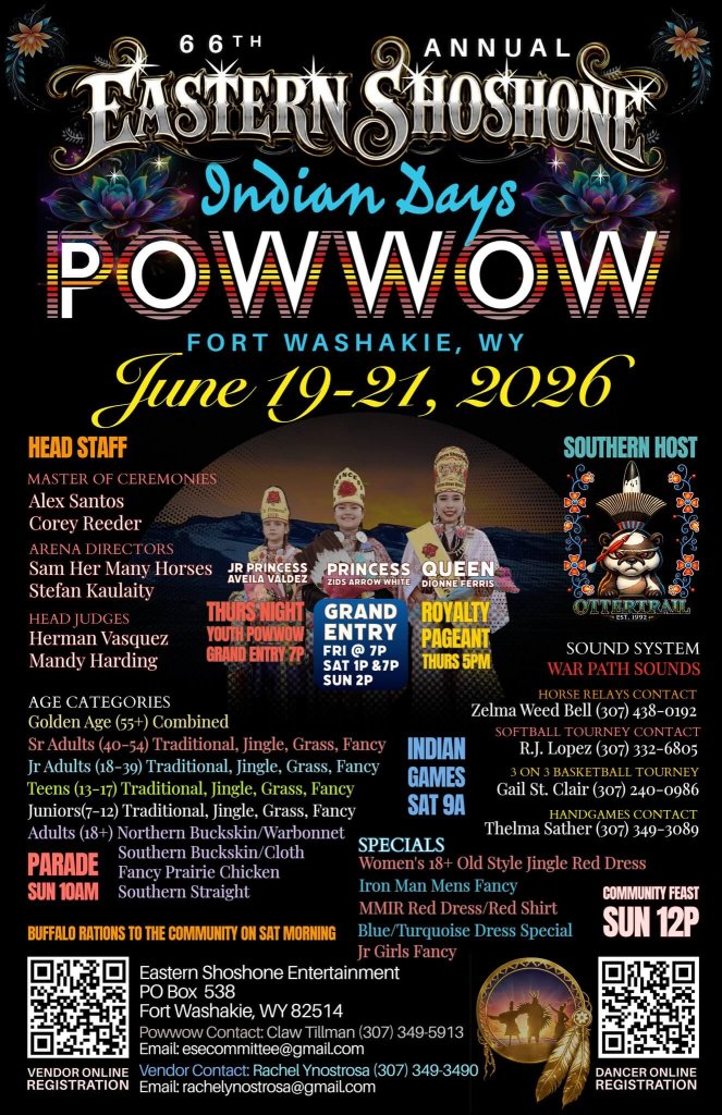 A vibrant poster advertising the 6th Annual Eastern Shoshone Indian Days Powwow in Fort Washakie, WY, featuring colorful illustrations of traditional dancers and detailed event information in Wind River Country.