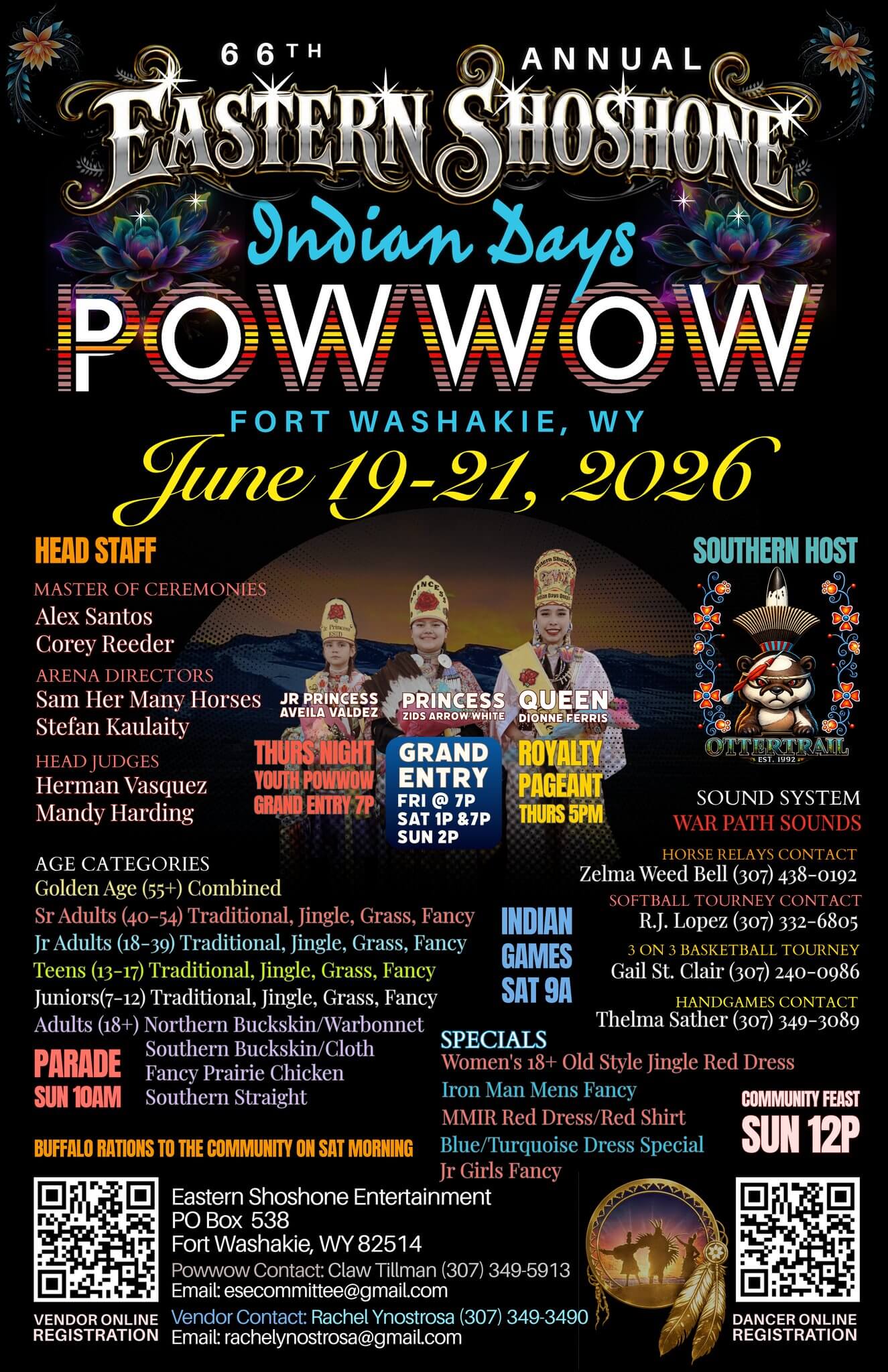 A vibrant poster advertising the 6th Annual Eastern Shoshone Indian Days Powwow in Fort Washakie, WY, featuring colorful illustrations of traditional dancers and detailed event information in Wind River Country.