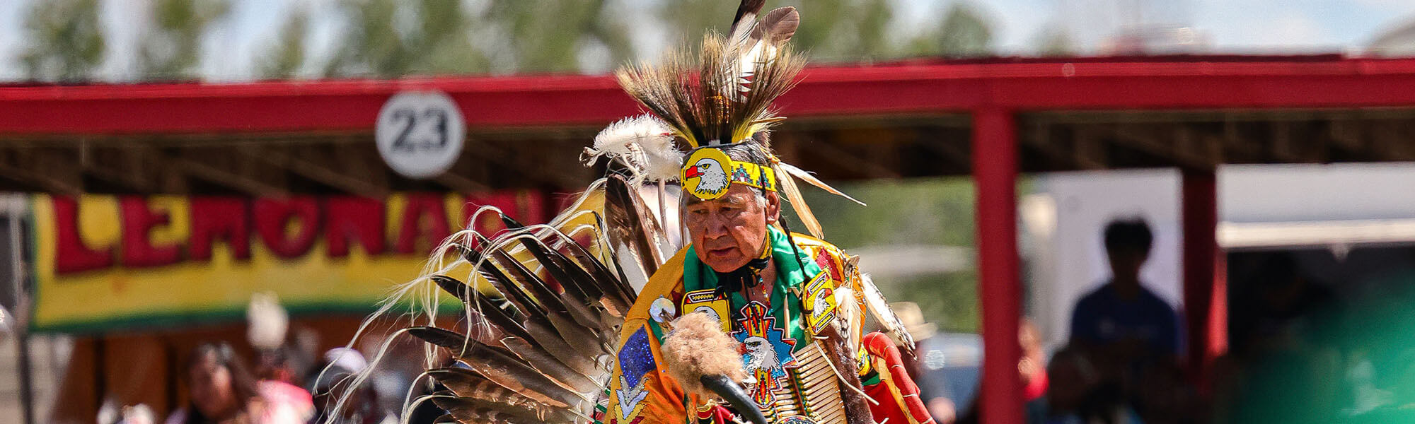 A Native American elder in traditional regalia with a large feather headdress and colorful beaded clothing stands proudly at a powwow in Wind River Country.