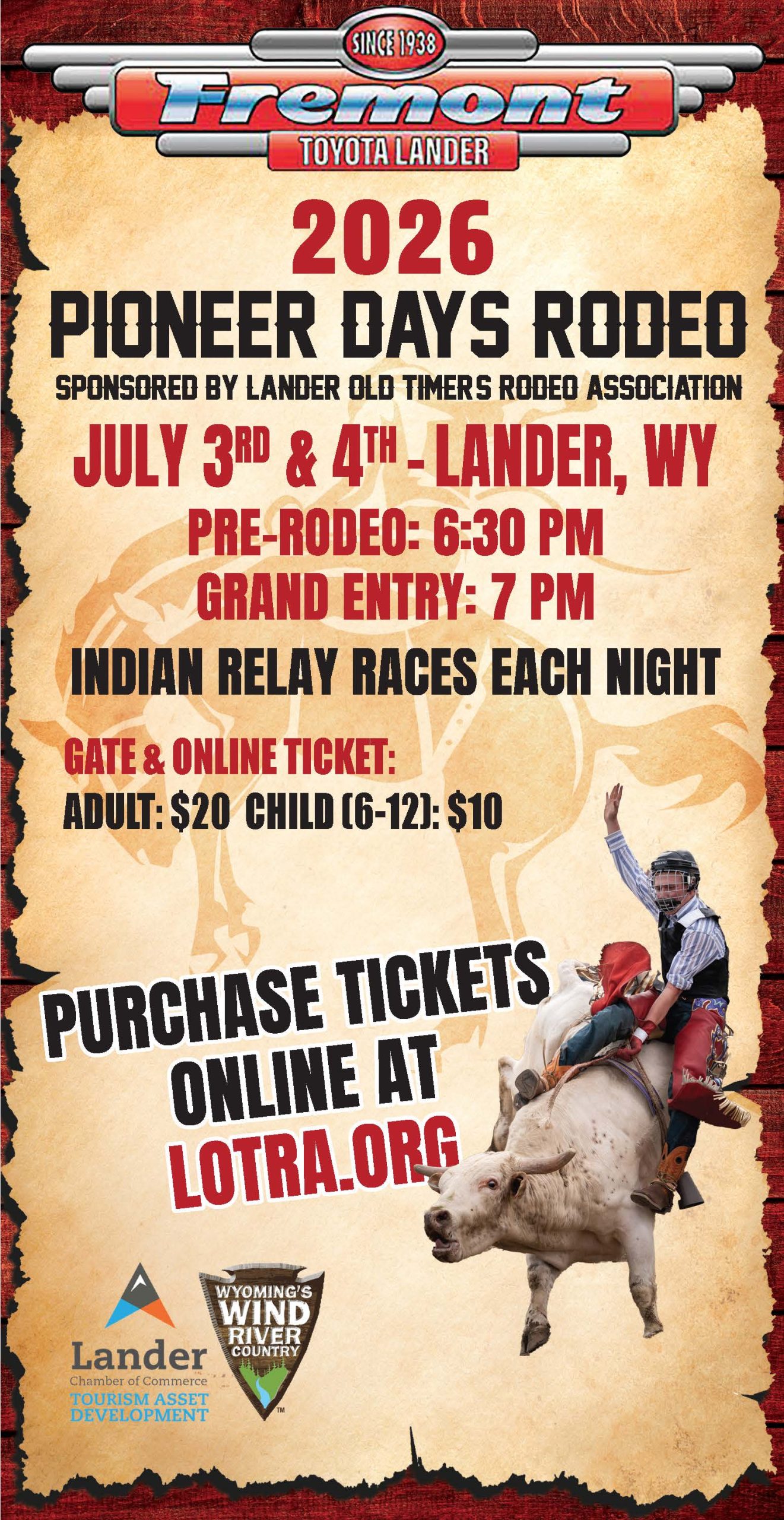 The 132nd Lander Pioneer Days Rodeo, known as “The World’s Oldest Paid Rodeo,” will be held July 3 and 4 in Lander, WY. There will be the traditional western rodeo events including bull riding, saddle and ranch bronc riding, steer wrestling, barrel racing and breakaway, team and mixed team ropings. An exciting event this year is Women’s Ranch Bronc Riding. On both evenings the ever-popular Indian Relay Races will feature men’s, women’s and youth relay races. Teams from the Wind River Indian Reservation, as well as other communities, race bareback at a high speed around the track exchanging horses after each lap.
