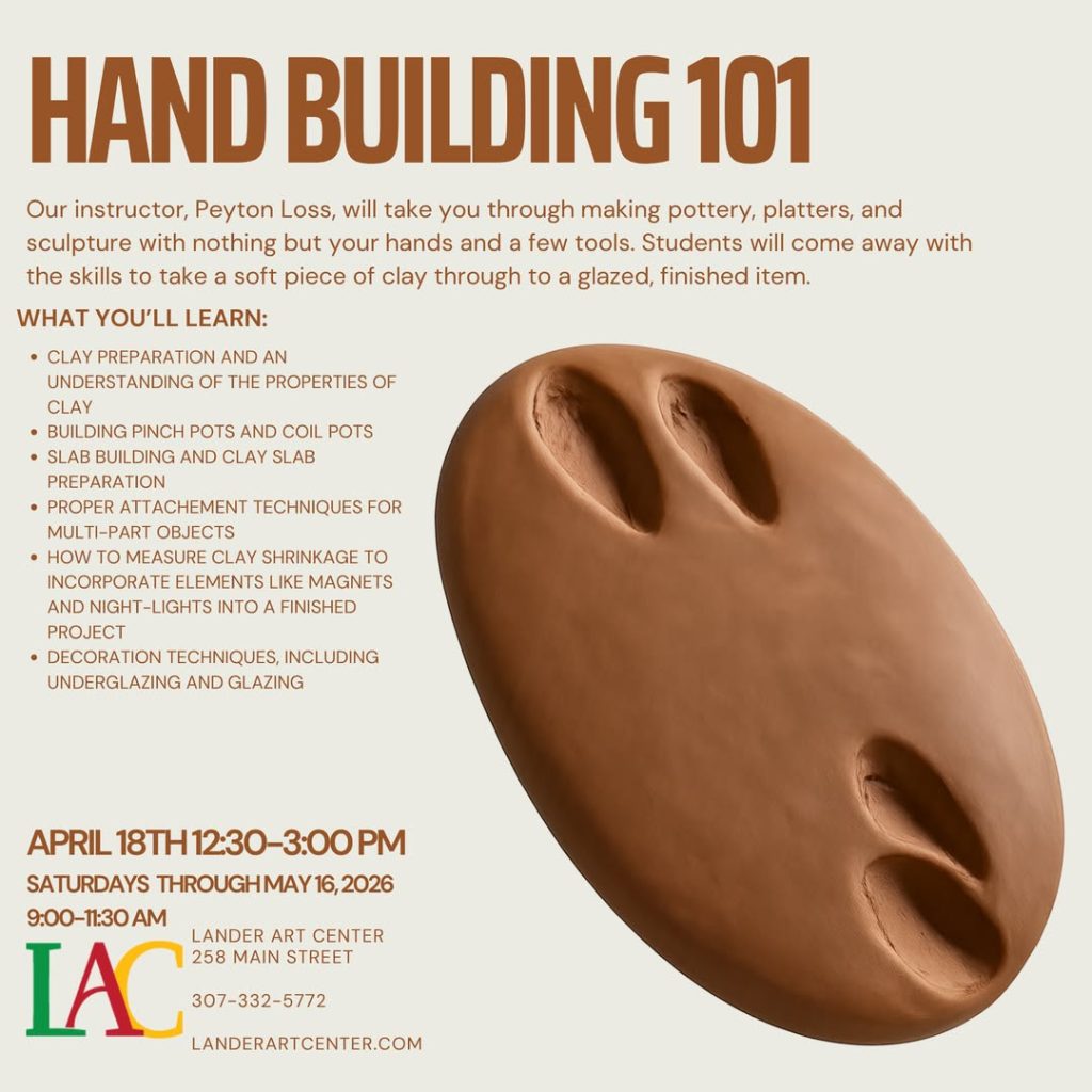 Join instructor Peyton Loss for an introduction to hand building items with clay. This class teaches you skills to take a soft piece of clay through to a glazed finished item through a variety of projects. The first class of this series, on April 18th will be held from 12:30-3:00 p.m. instead of 9:00-11:30 a.m. 