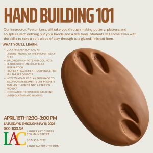 Join instructor Peyton Loss for an introduction to hand building items with clay. This class teaches you skills to take a soft piece of clay through to a glazed finished item through a variety of projects. The first class of this series, on April 18th will be held from 12:30-3:00 p.m. instead of 9:00-11:30 a.m. 