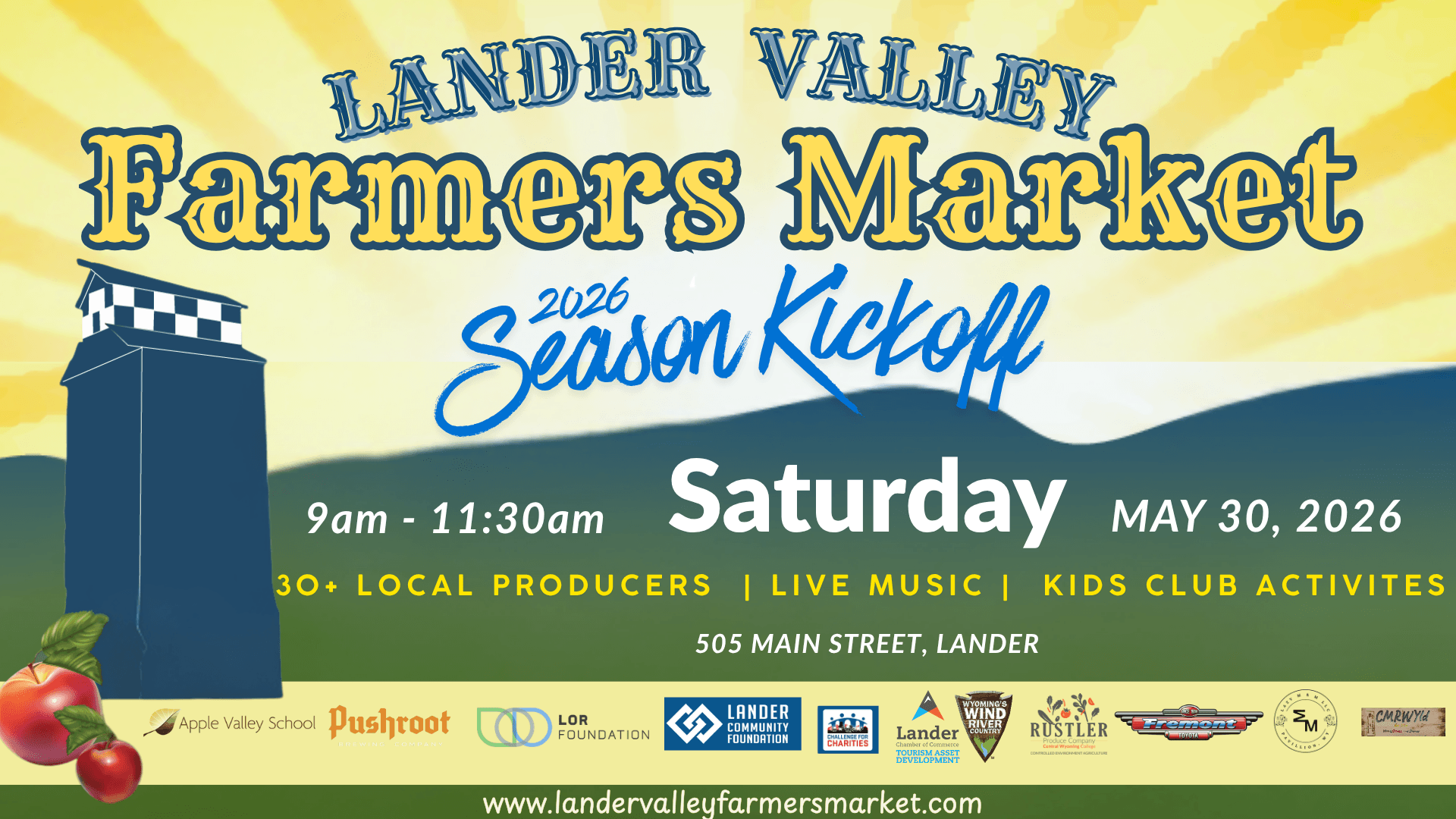 Lander Valley Farmers Market 2026 Season Kickoff with live music, kids activities, and 30+ local producers in Wind River Country.