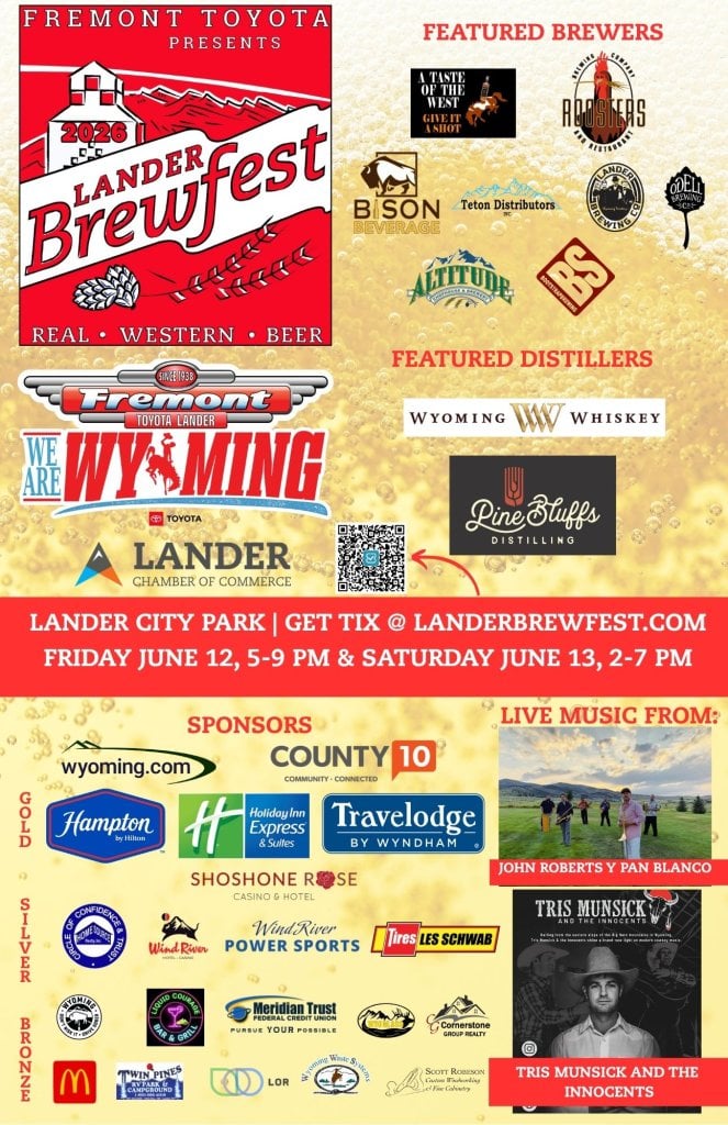 A vibrant poster advertising Lander Brewfest 2023, featuring local breweries, distilleries, and live music in a scenic Wyoming setting in Wind River Country.