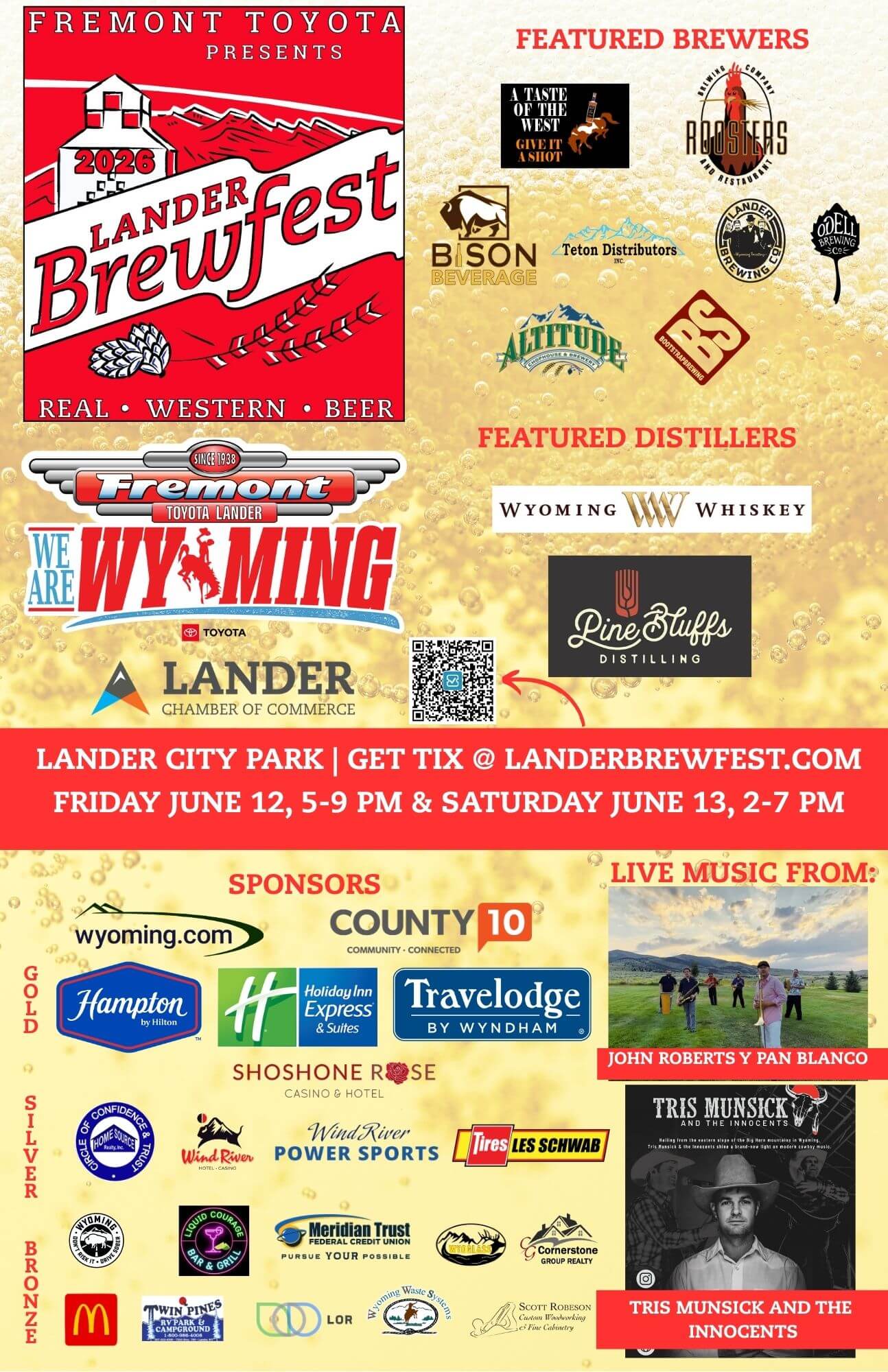 A vibrant poster advertising Lander Brewfest 2023, featuring local breweries, distilleries, and live music in a scenic Wyoming setting in Wind River Country.