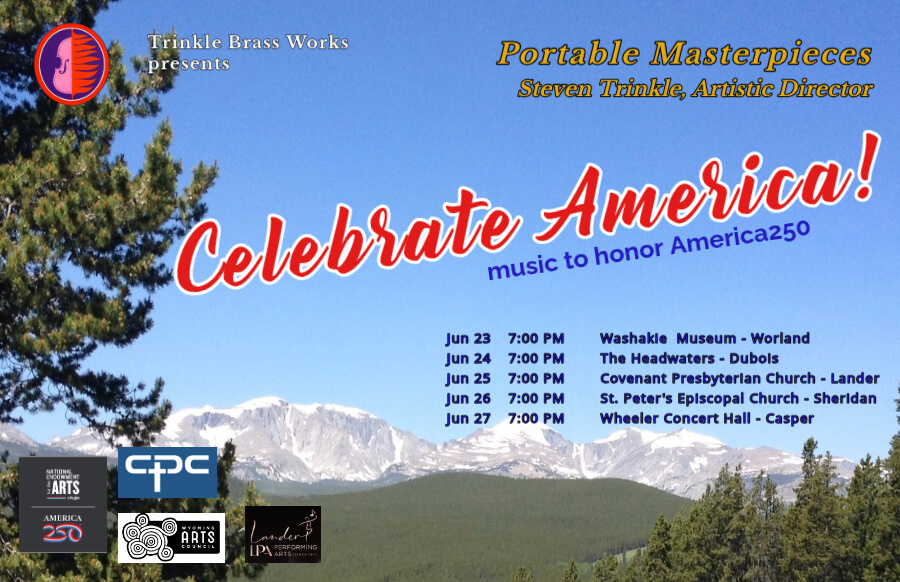 A brass band performs against a backdrop of snow-capped mountains and evergreen trees in Wind River Country.