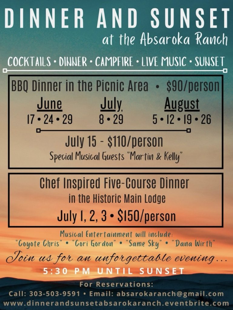 A serene sunset over rolling hills with a campfire and a lodge in the distance, advertising a dinner and sunset event at the Absaroka Ranch in Wind River Country.