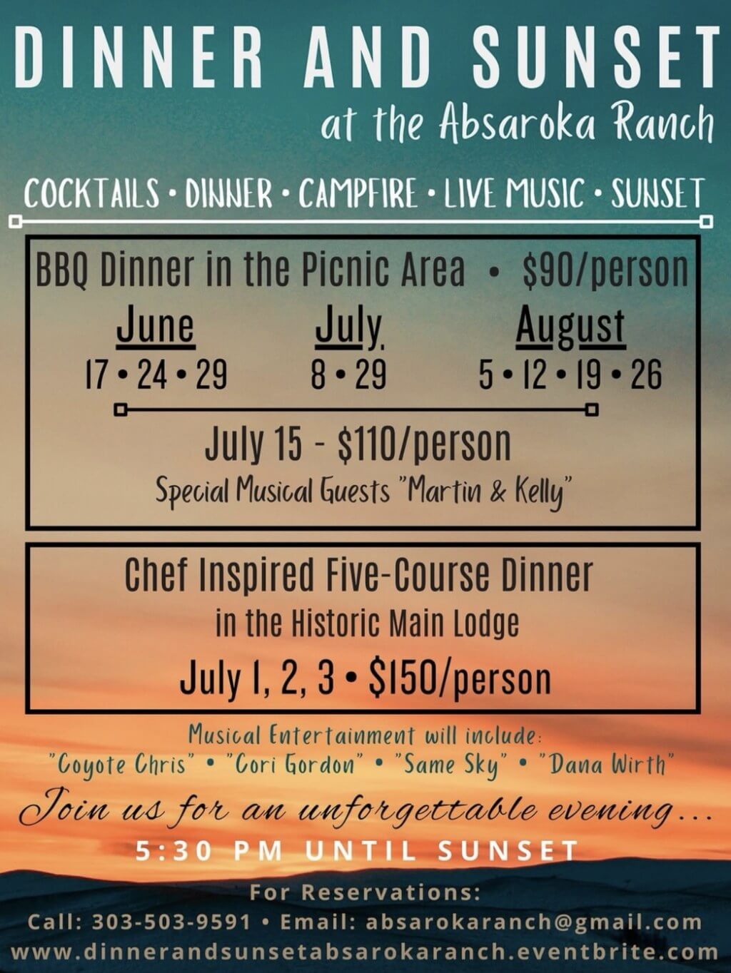 A serene sunset over rolling hills with a campfire and a lodge in the distance, advertising a dinner and sunset event at the Absaroka Ranch in Wind River Country.