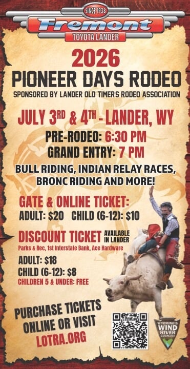 A poster advertising the 2026 Pioneer Days Rodeo in Lander, Wyoming, featuring bull riding, Indian relay races, and more in Wind River Country.