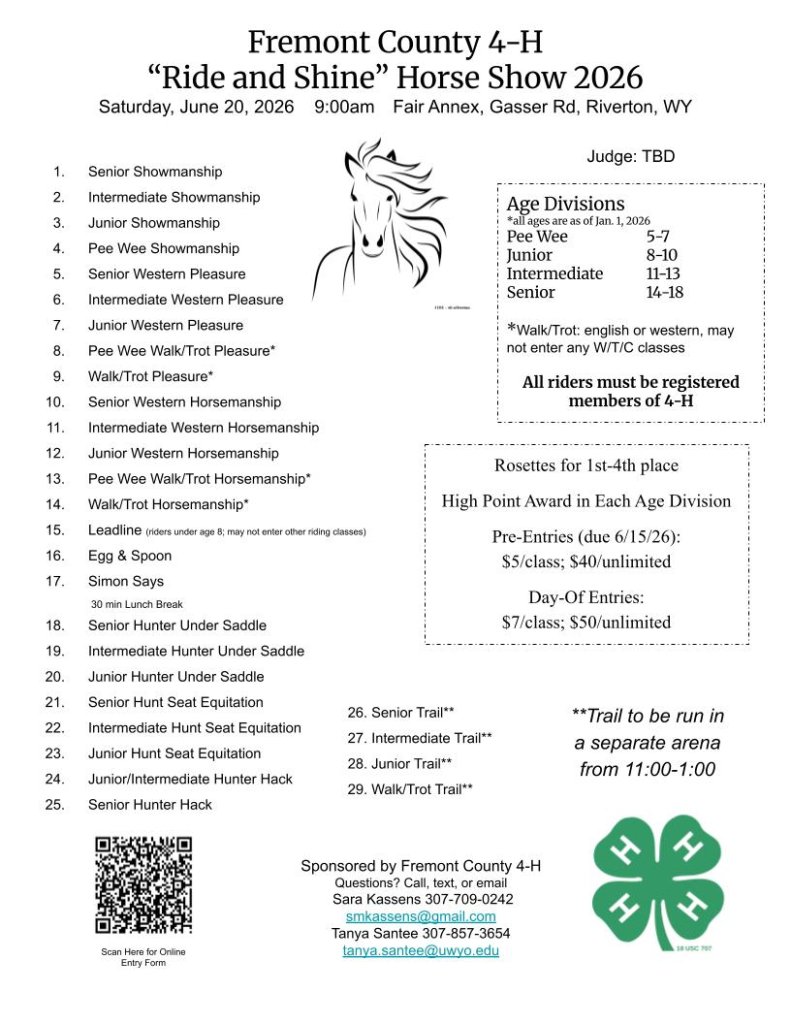 A flyer for the Fremont County 4-H Ride and Shine Horse Show 2026, featuring various horse riding events and age divisions in Wind River Country.