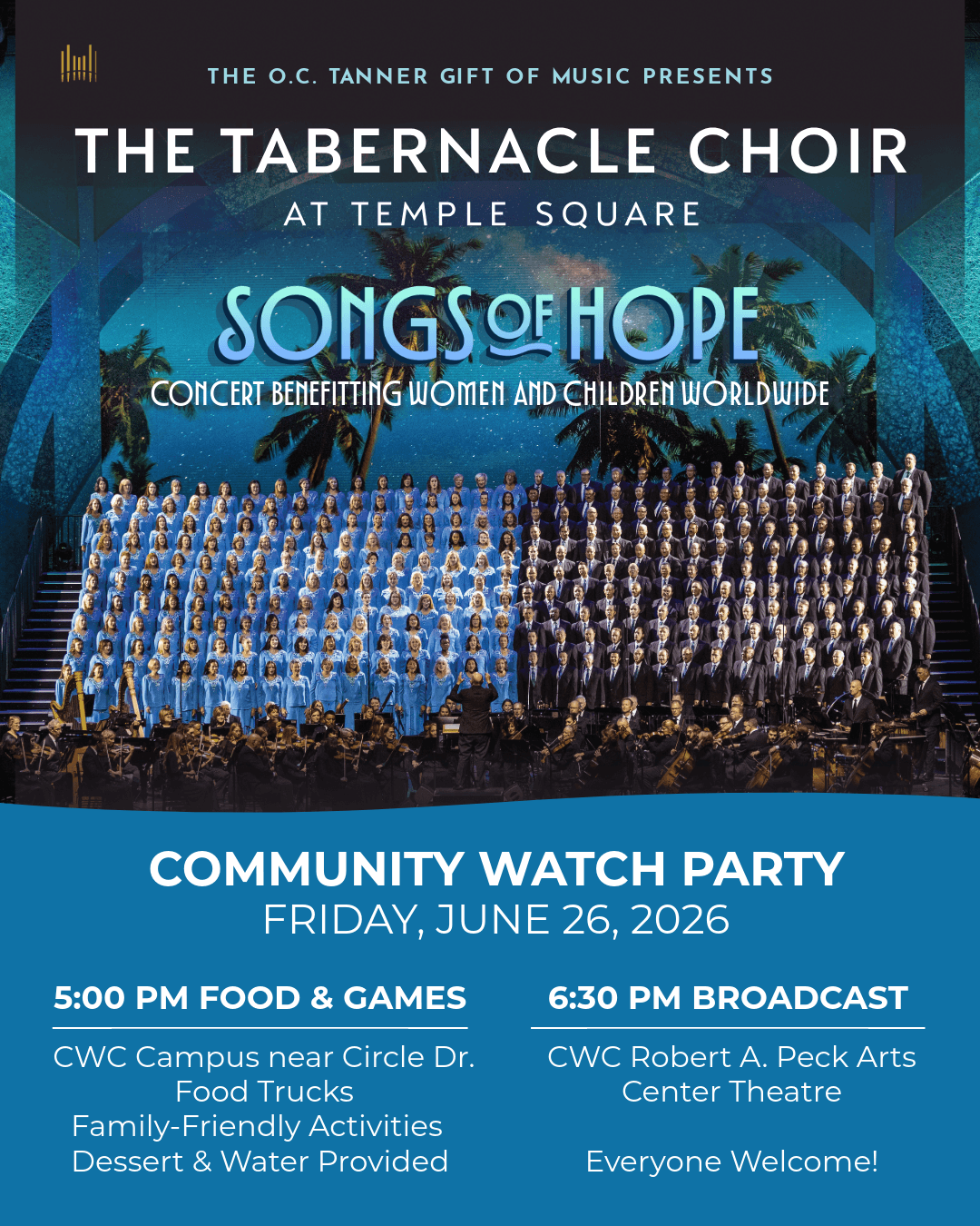 A large choir performs on stage with an orchestra, promoting a community watch party event in Wind River Country.