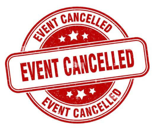 A red rubber stamp graphic with the text EVENT CANCELLED in Wind River Country.