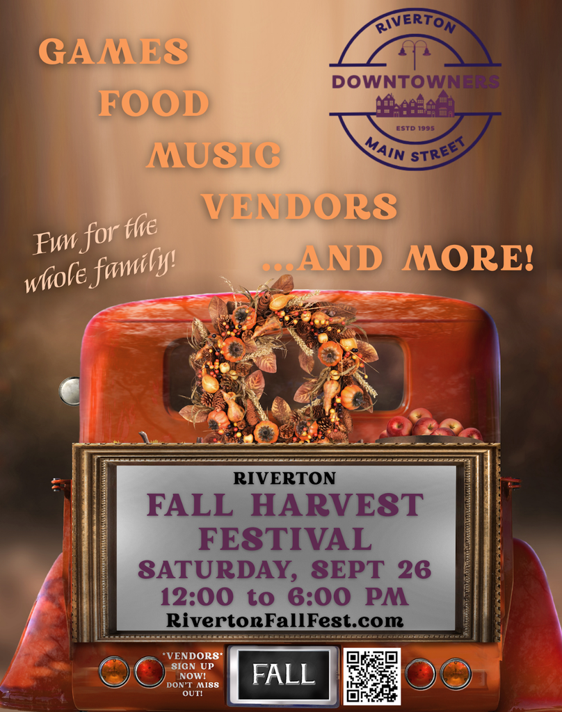 A promotional flyer for the Riverton Fall Harvest Festival featuring a vintage red truck in Wind River Country.