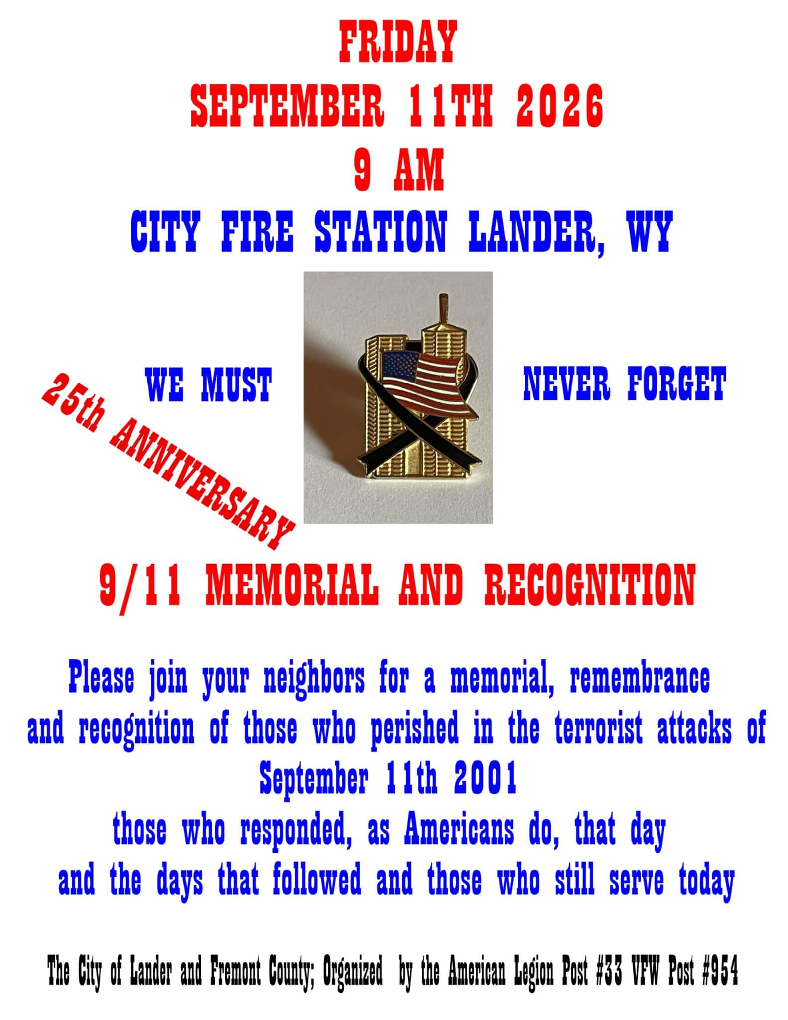 A flyer announcing a 9/11 memorial event in Lander, Wyoming on September 11th, 2026 in Wind River Country.