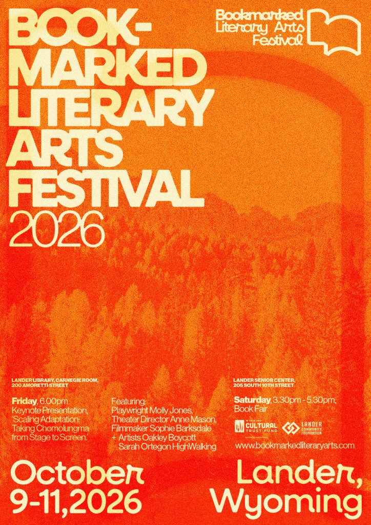 A vibrant orange poster for the 2026 Bookmarked Literary Arts Festival in Lander, Wyoming in Wind River Country.