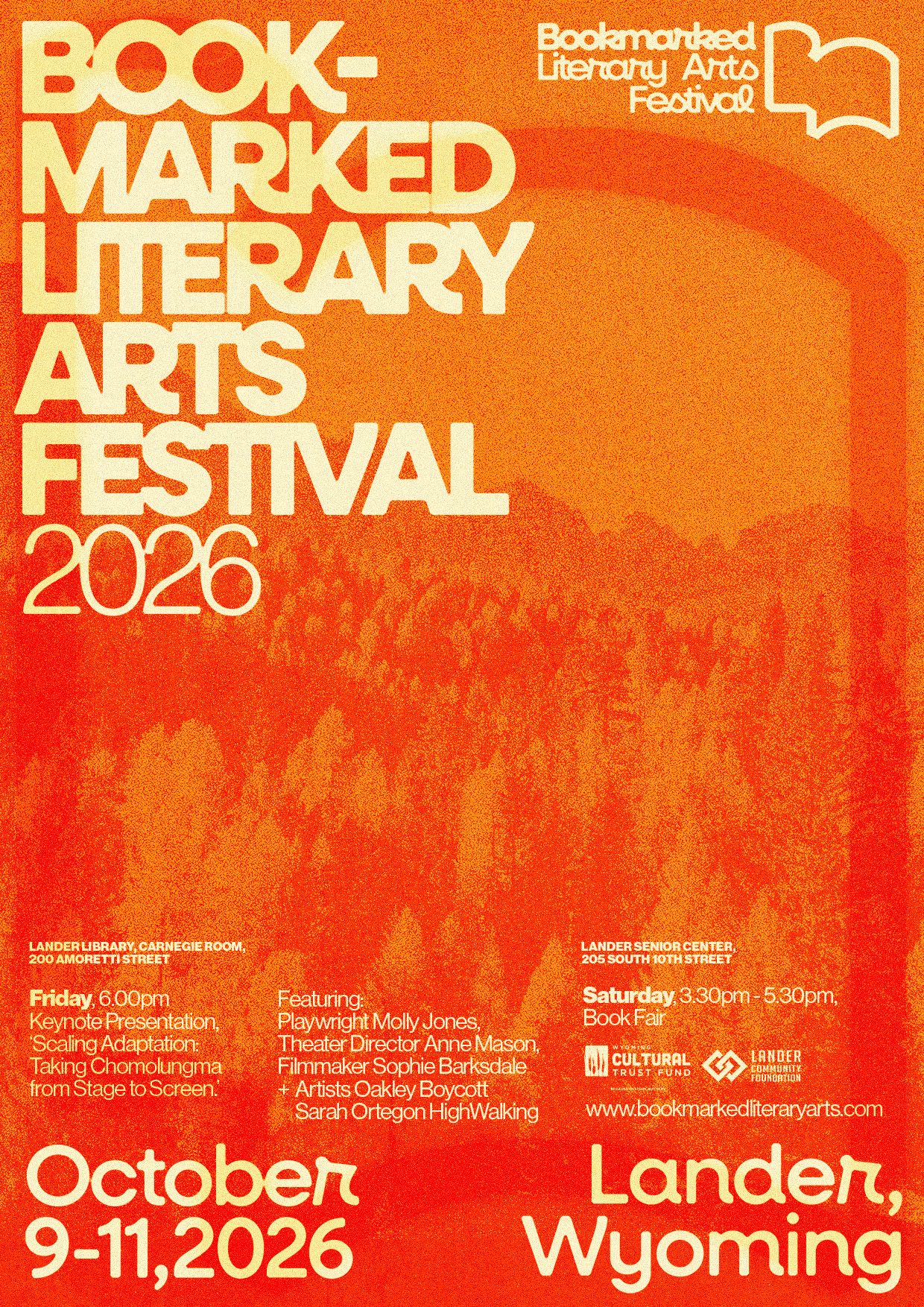 A vibrant orange poster for the 2026 Bookmarked Literary Arts Festival in Lander, Wyoming in Wind River Country.