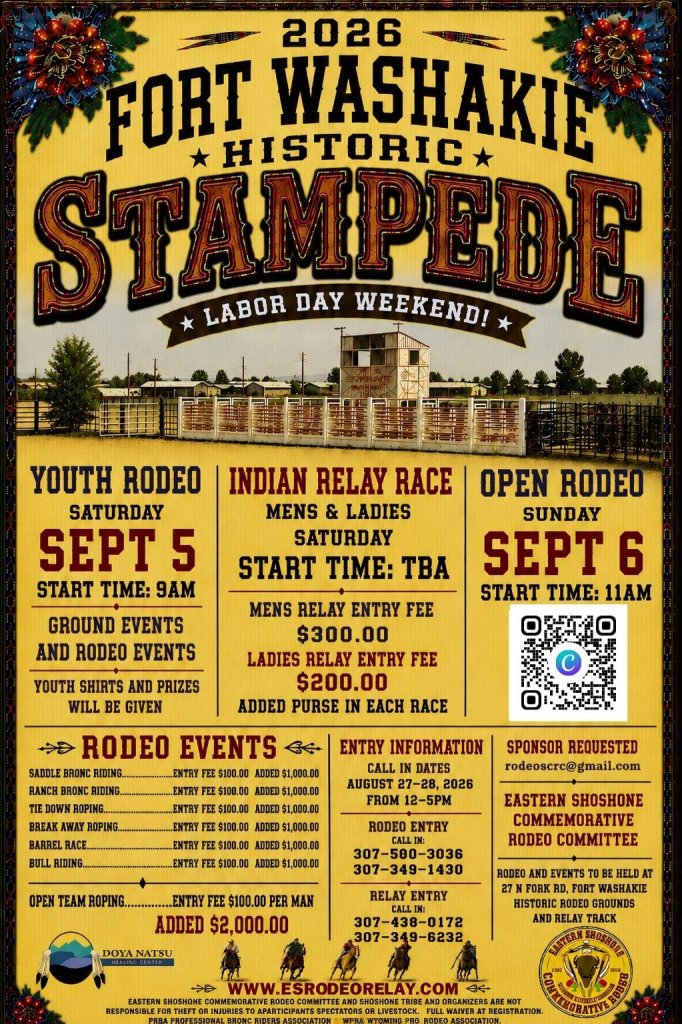 A promotional poster for the 2026 Fort Washakie Historic Stampede rodeo event in Wind River Country.