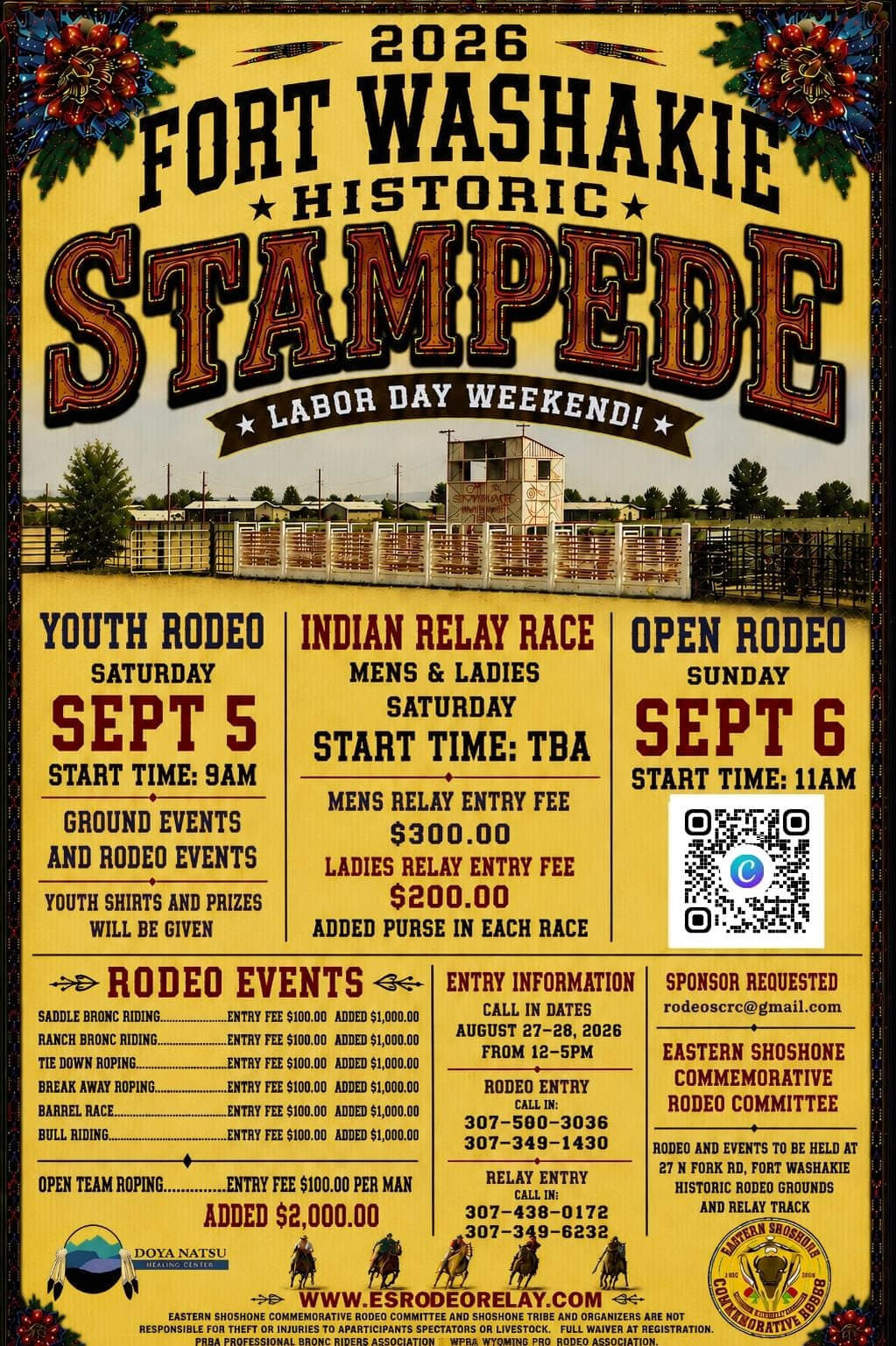 A promotional poster for the 2026 Fort Washakie Historic Stampede rodeo event in Wind River Country.