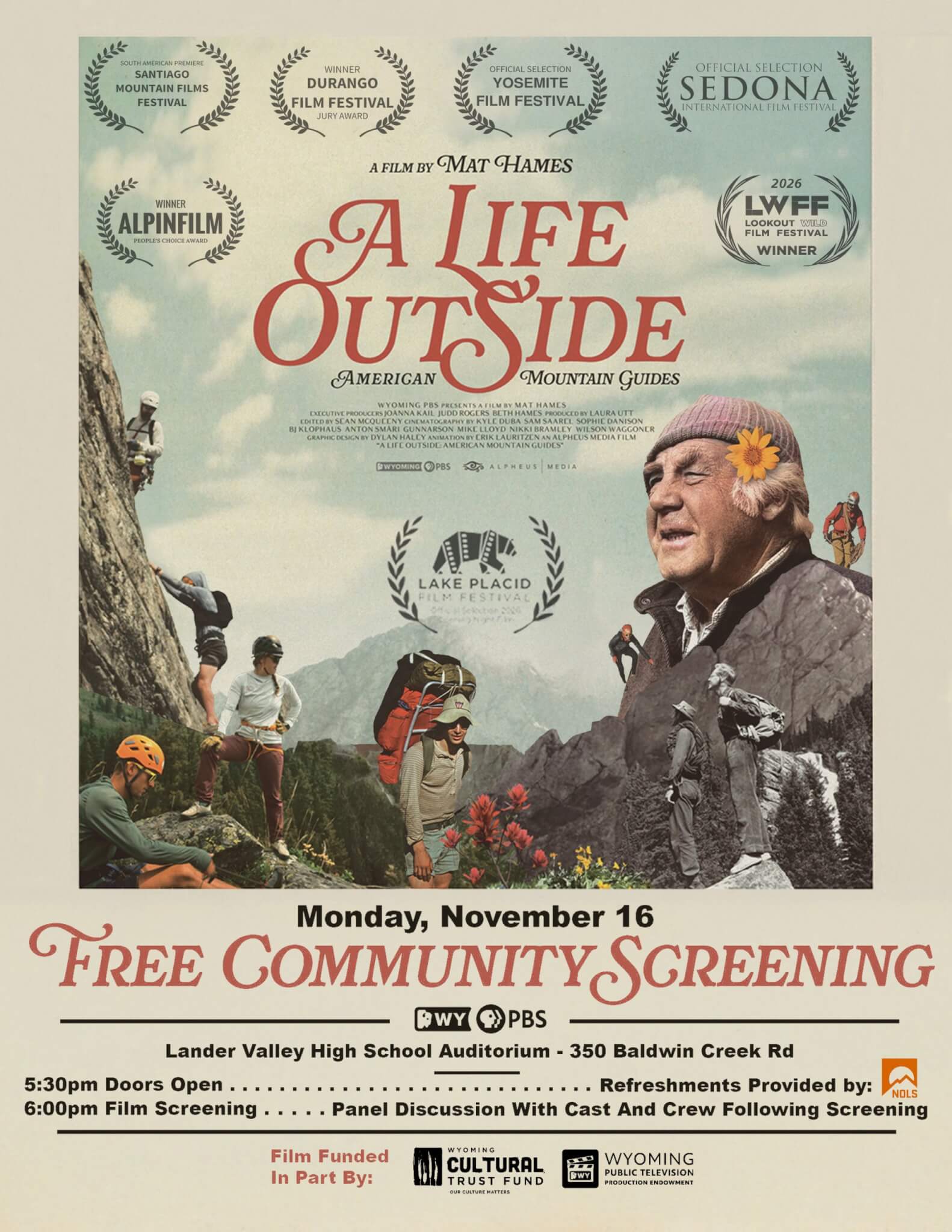 A movie poster for A Life Outside featuring mountain climbers and a portrait of a man in Wind River Country.