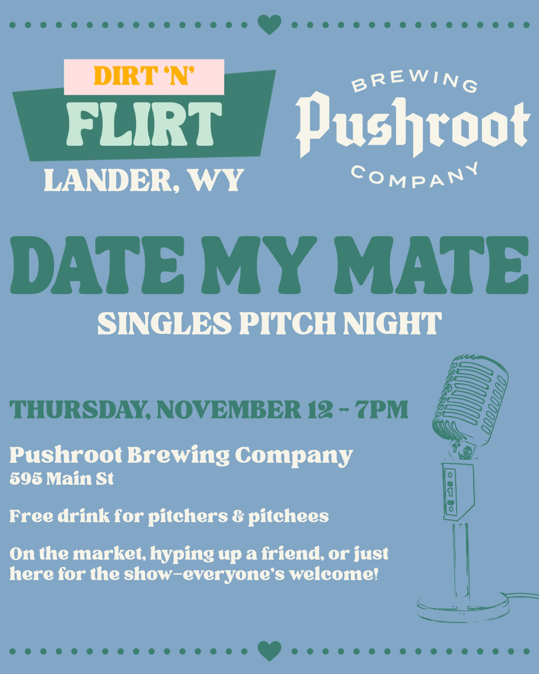 A flyer for a singles pitch night event at Pushroot Brewing Company in Lander, Wyoming in Wind River Country.