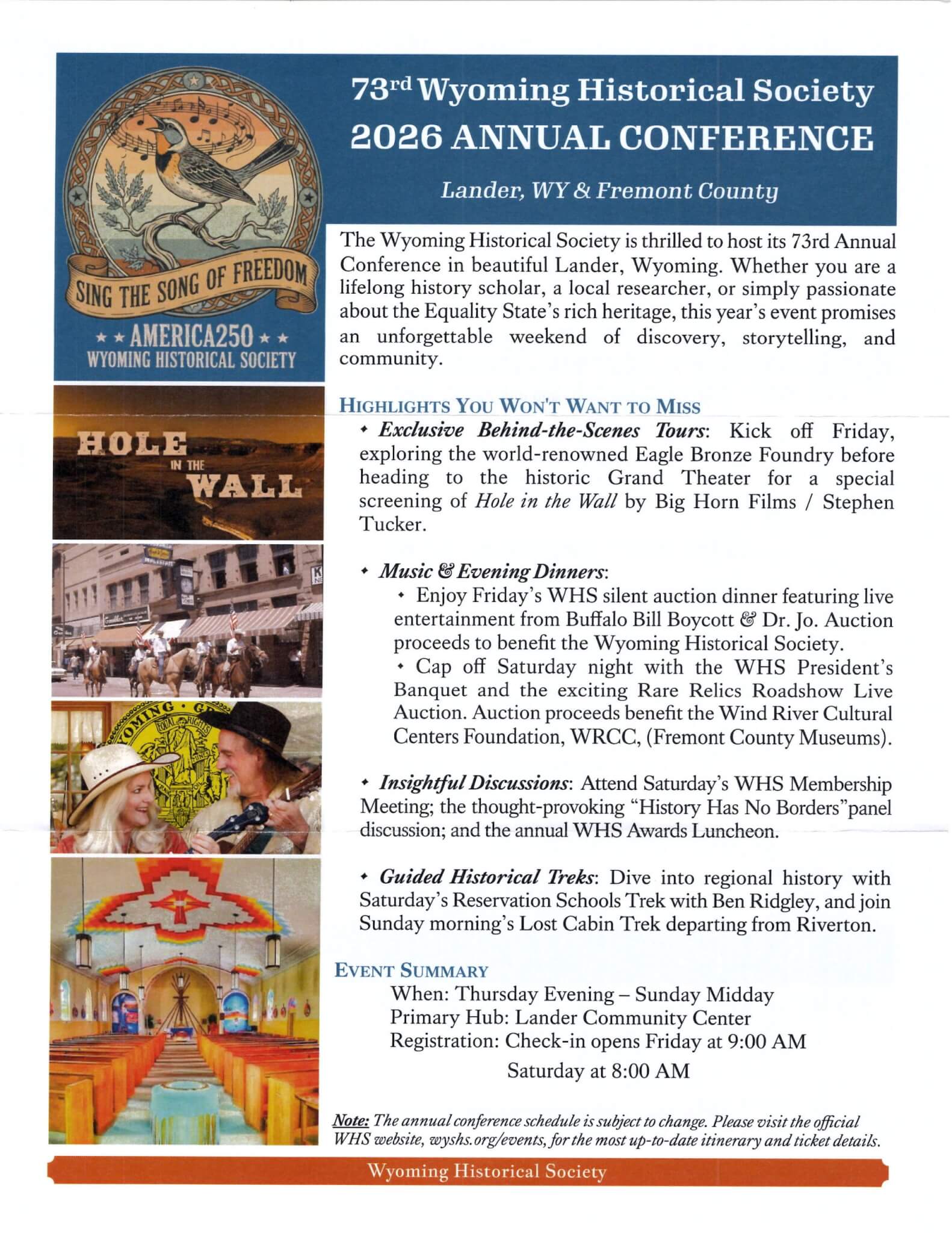 A flyer for the 73rd Wyoming Historical Society 2026 Annual Conference in Lander, Wyoming in Wind River Country.
