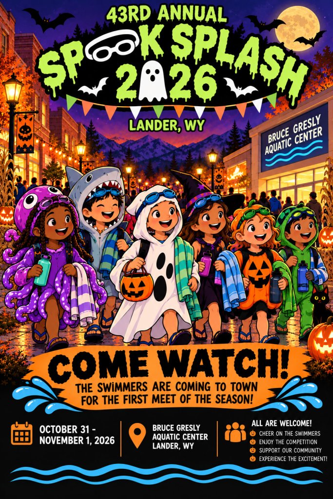 A colorful poster for the 43rd Annual Spook Splash 2026 event in Lander, Wyoming in Wind River Country.