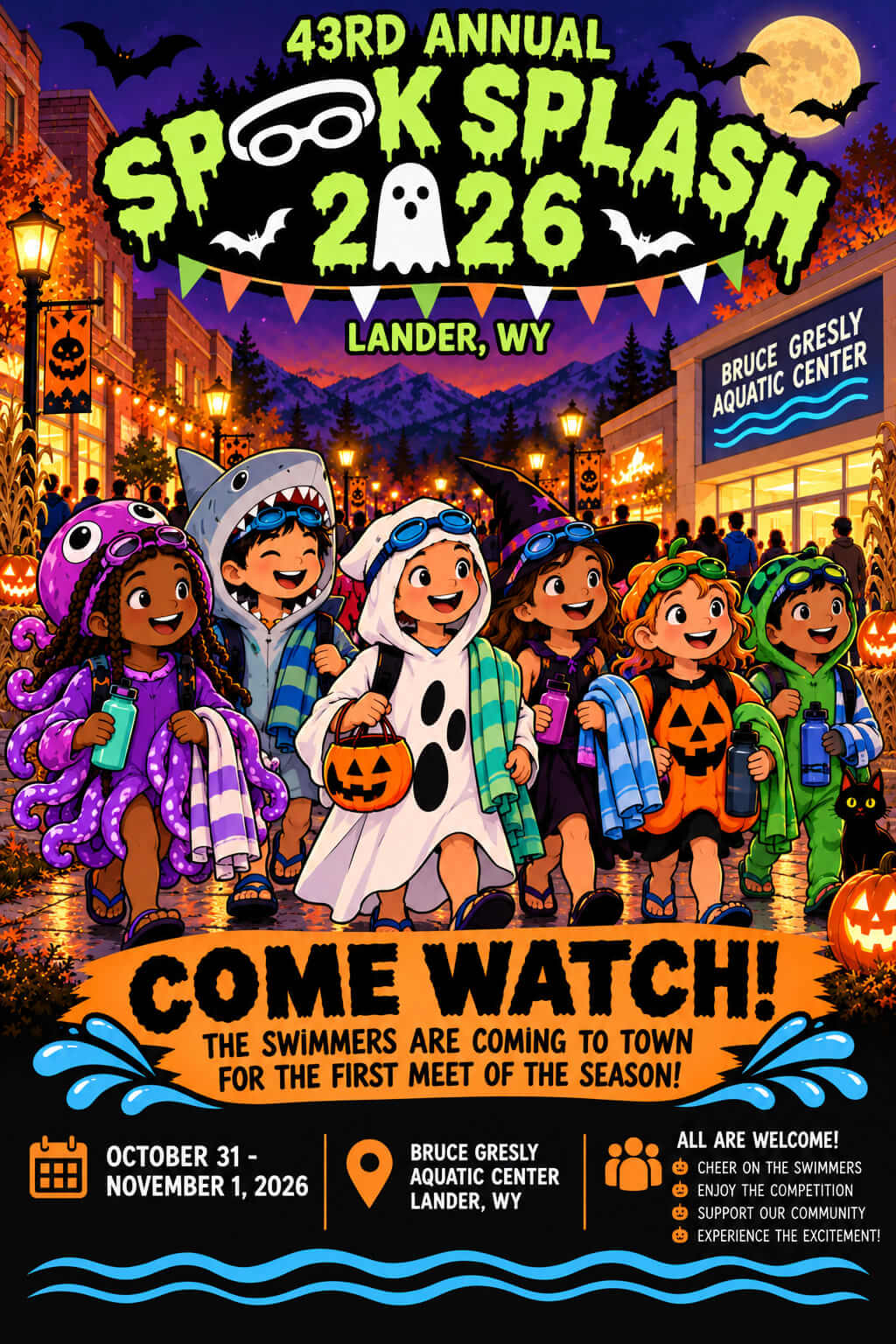 A colorful poster for the 43rd Annual Spook Splash 2026 event in Lander, Wyoming in Wind River Country.