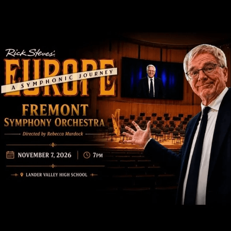 A promotional poster for a Rick Steves symphonic concert at Lander Valley High School in Wind River Country.