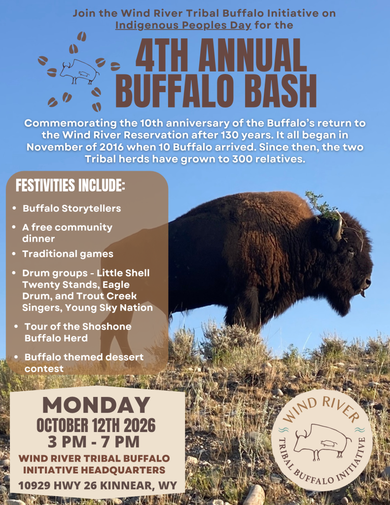 A flyer for the 4th Annual Buffalo Bash event on Indigenous Peoples Day in Wind River Country.